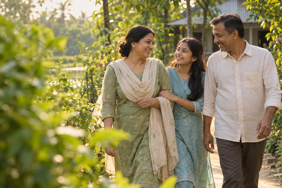 A Bangladeshi family sharing a happy moment on a garden walk. Illustrative image.